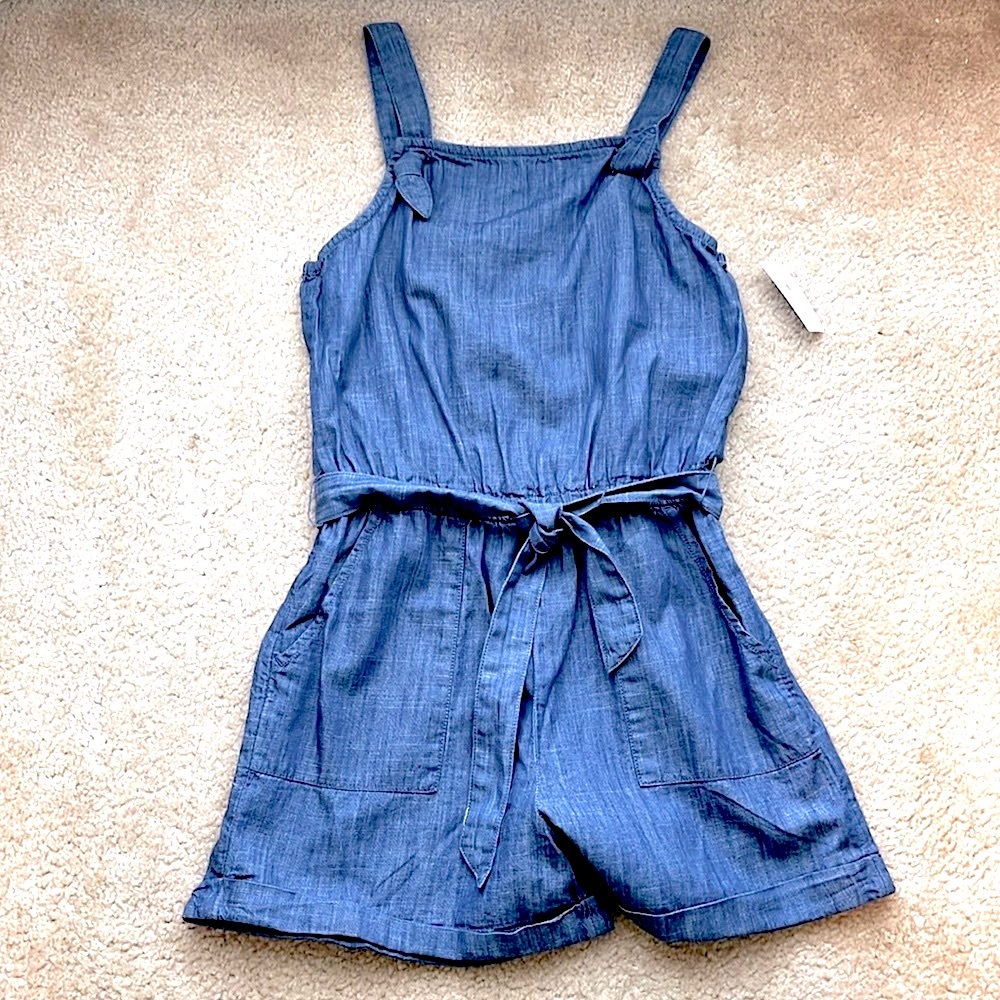 NWT OLD NAVY Girls Denim Sleeveless Belted Front Pockets Romper Size L
